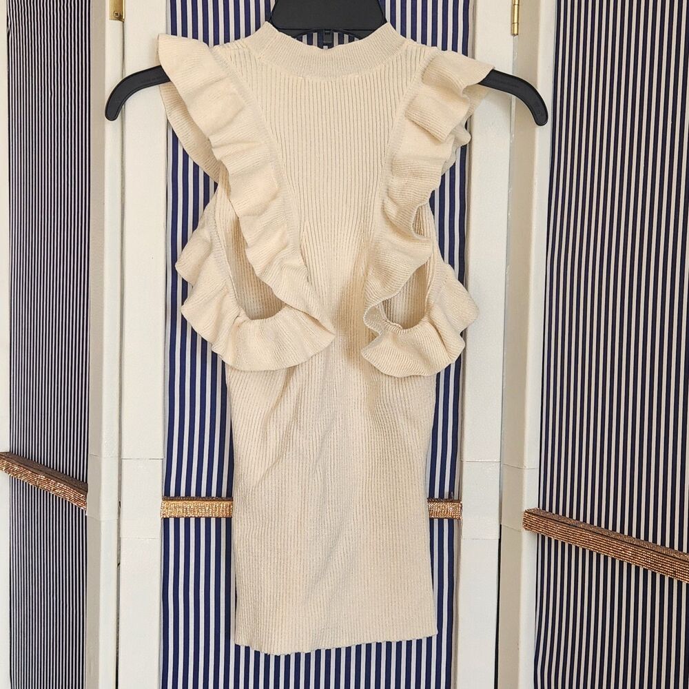 Lovestitch Sleeveless Cream Ribbed Ruffle Top Size S - Picture 5 of 5